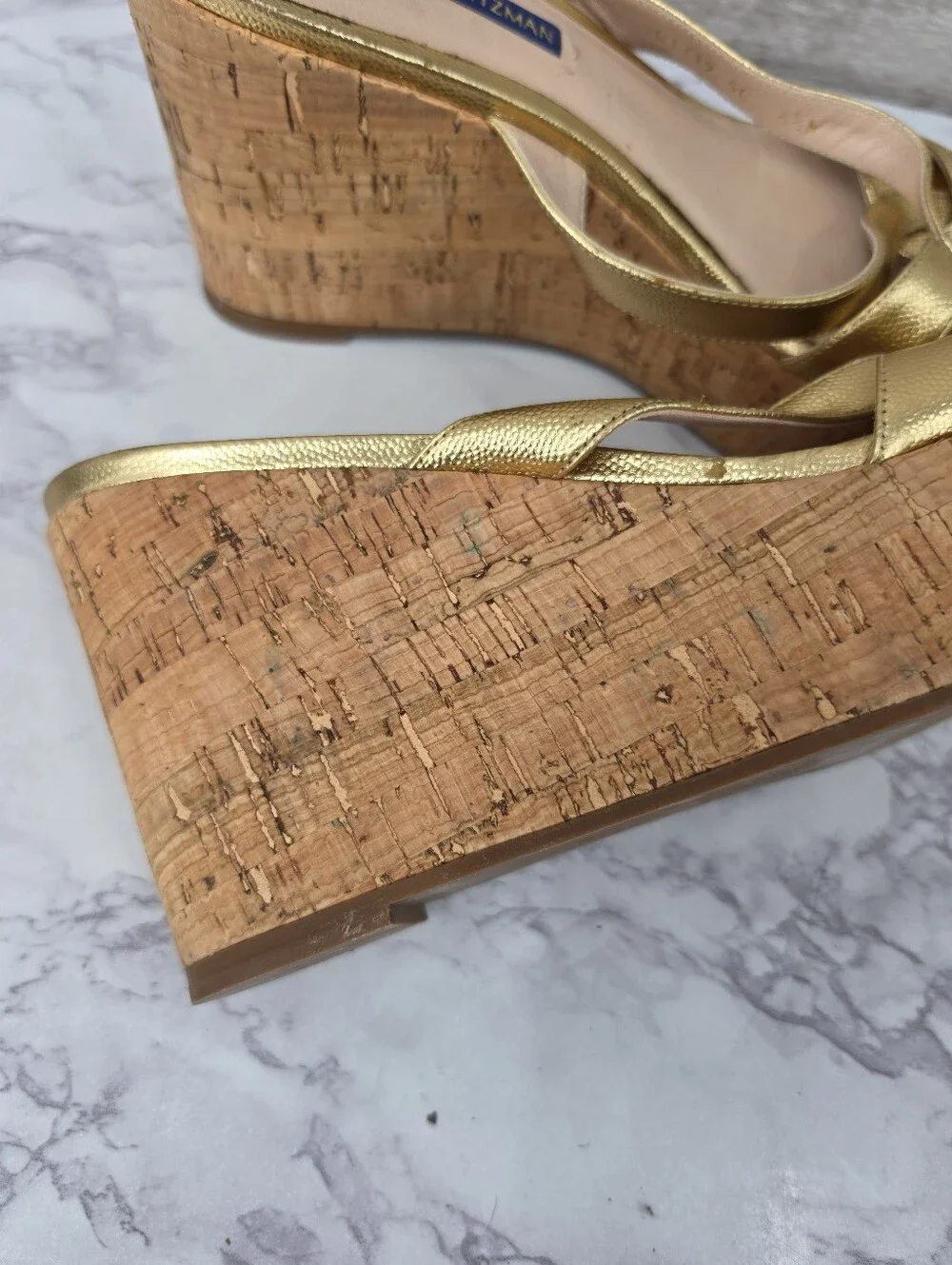 Stuart Weitzman Metallic Gold Leather Straps Cork Wedge Platform Sandals - Picture 3 of 15